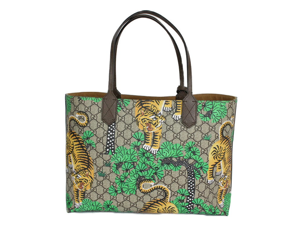 Gucci Leather Supreme Tote Bengal Canvas GG Brown Bag Beige Tiger